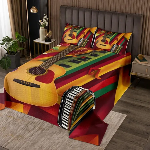 Vista 12 de Homewish Colcha de guitarra roja tamaño individual, juego de ropa de cama de música Hip Pop para decoración de habitación de niños y niñas, juego