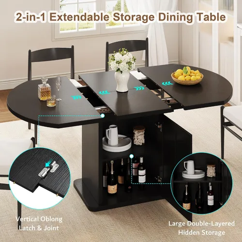 Vista 3 de iPormis Mesa de Comedor Redonda Extensible para 4-6, Mesa de Cocina Moderna de 59'', con Estante de Almacenamiento de 2 Niveles, Puerta de Madera