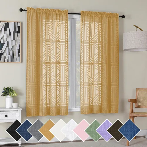 Vista 98 de Simplebrand Cortinas traslúcidas negras de cocina de 24 pulgadas de largo, 2 paneles, filtrado de luz, geométrico jacquard con textura, cortinas