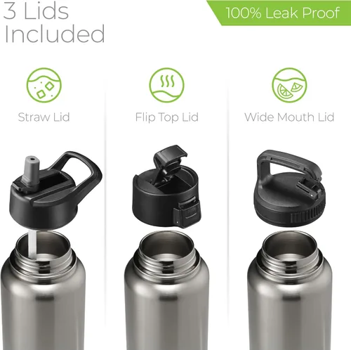 Vista 58 de SIPX™ Botella de Agua Aislada de 18 oz con 3 Tapas – Acero Inoxidable a Prueba de Fugas, Triple Aislamiento – Frío 24 Horas/Caliente 12 Horas – Negro