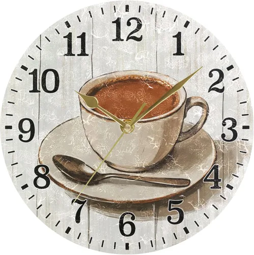 Vista 8 de JUNZAN Reloj de pared redondo marrón retro para tazas de café de 10 pulgadas, silencioso, para decoración de dormitorio, café