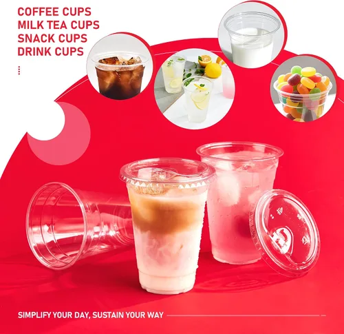 Vista 3 de Vasos de plástico con tapas de 16 onzas, paquete de 100 tazas de café helado desechables transparentes con tapas para sorber sin pajilla, taza