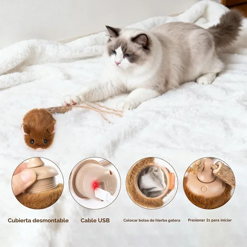 Vista 6 de Migipaws MigiMouse - Juguete interactivo para gatos con giro de 360° con cola meneante para gatos de interior, sensor de movimiento inteligente