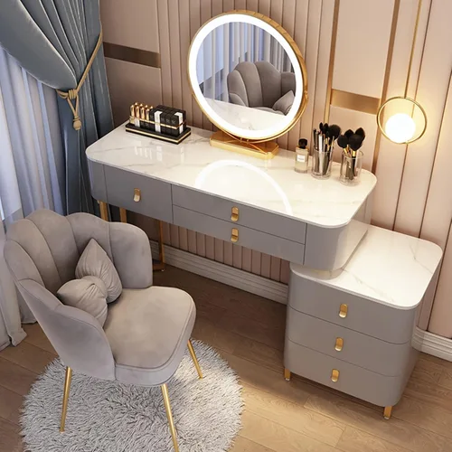 Vista 18 de Tocador, tocador de maquillaje con taburete acolchado, tocador con espejo iluminado LED y mesa auxiliar, mesa de maquillaje con 3 cajones