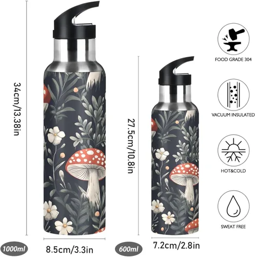 Vista 2 de Insulated Water Bottle 32 Oz, Leakproof Water Bottles for Gym Outdoor Travel School, Red Mushrooms White Flowers