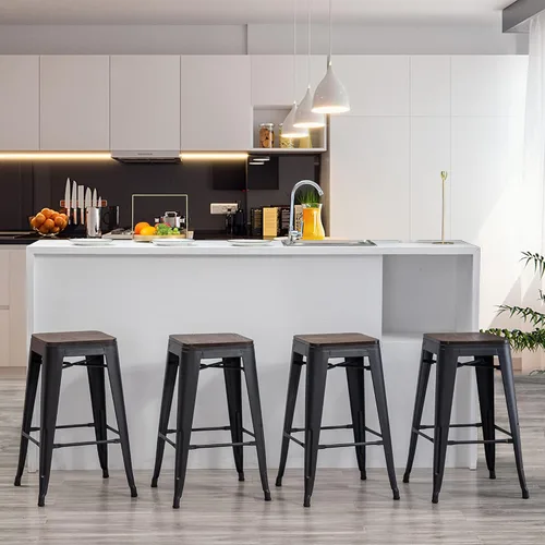 Vista 6 de Juego de 4 taburetes de bar de metal sin espalda de 24 pulgadas, apilables, industriales, para taburetes de isla de cocina, con asiento de madera