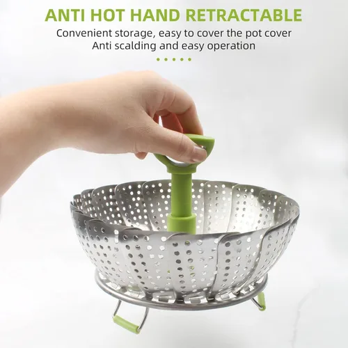 Vista 3 de Cesta de vapor plegable de acero inoxidable (7-11 pulgadas) con mango resistente al calor, ideal para cocinar mariscos, verduras, frutas, expandible
