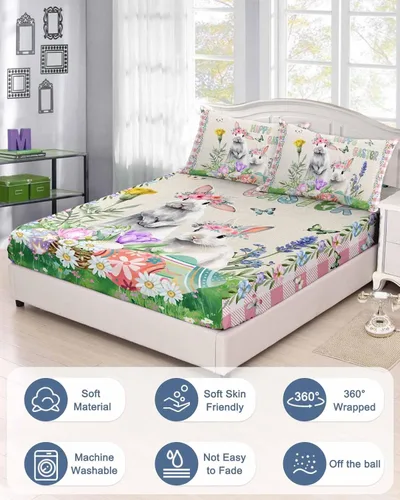 Vista 2 de Happy Easter - Juego de sábanas bajeras tamaño individual con diseño de conejo floral con mariposa, 2 sábanas y fundas de almohada, 1 colcha Beige