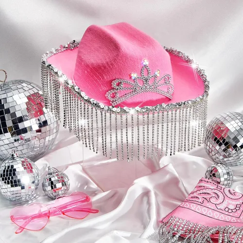 Vista 5 de Light up Pink Cowgirl Hat for Girls Rhinestone Cowboy Hat Cowgirl Party Decorations Diamond Fringe Hat Child