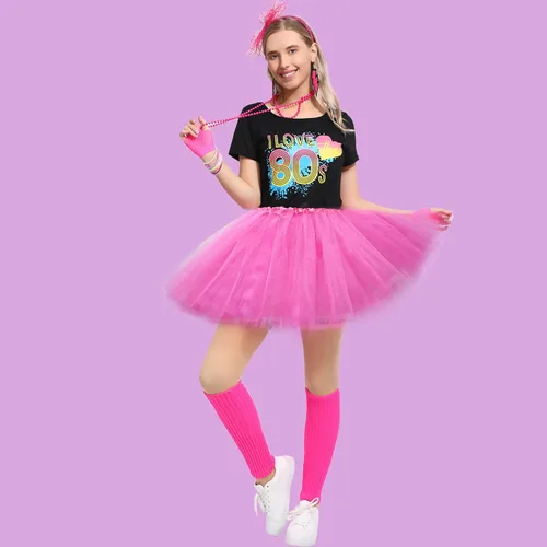 Vista 4 de Sincere Party Women's 80s Costume Set Cotton T-Shirt,Pants,Tutus,Leg Warmers,Gloves,Necklace,Bracelets,Headband,Earrings