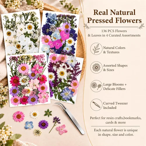 Vista 3 de 136 piezas de flores prensadas para resina con pinzas curvadas