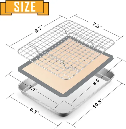 Vista 2 de E-far - Juego de bandejas para hornear para horno tostador, bandeja pequeña de acero inoxidable de 10.5 x 8.3 pulgadas con rejilla de alambre