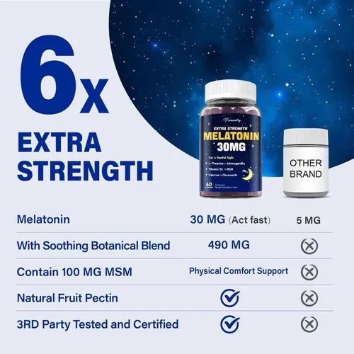 Vista 7 de Gomitas de melatonina de 30 mg para adultos: Suplemento de melatonina de máxima fuerza con L-teanina, ashwagandha, MSM, vitamina D3 y zinc, sin