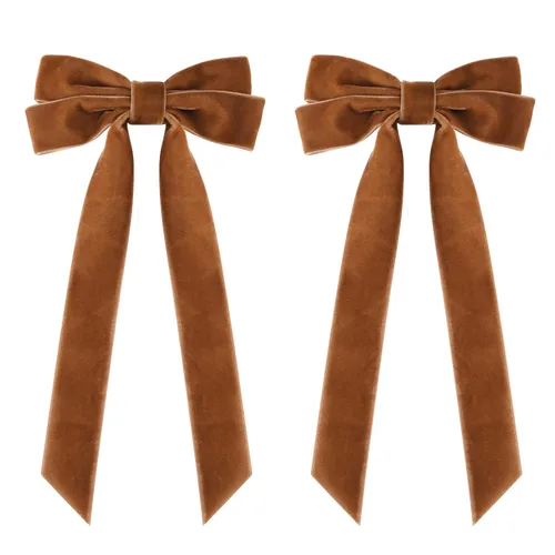 Vista 6 de 2 piezas de broches de cinta de terciopelo con lazos de pelo marrones, broches grandes de cocodrilo de otoño, accesorios para el cabello