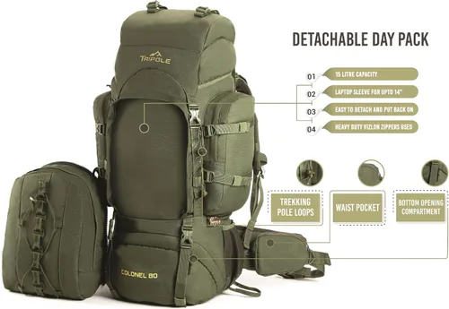 Vista 3 de Tripole Colonel - Mochila de 95 litros + Mochila de día desmontable, Verde militar, Mochila Mochila táctica, mochila de marco interno, mochila