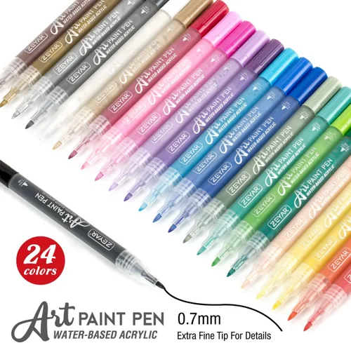 Vista 2 de ZEYAR Bolígrafos de pintura acrílica, extrafinos, 24 colores, tinta permanente e impermeable, certificado AP, funciona en roca, madera, vidrio, 24