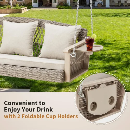 Vista 8 de HOMREST Columpio de mimbre para porche para 3 personas con portavasos mejorado, silla colgante de 56 pulgadas con cojines, columpio al aire libre