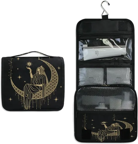 Vista 7 de Neceser colgante portátil cosmético maquillaje sacro noche niña en luna organizador de viaje para hombres y mujeres con gancho resistente, Patrón 1