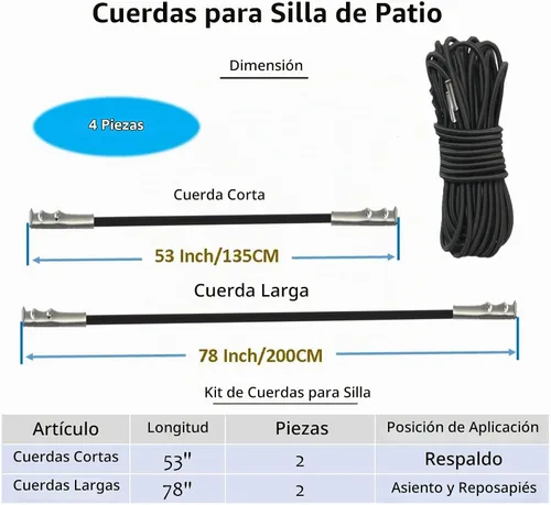 Vista 3 de Cable de repuesto para silla de gravedad cero, paquete de 4, cordón elástico para silla antigravedad, silla reclinable de patio, silla elástica