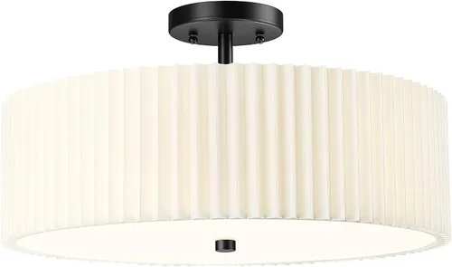 Vista 9 de Lámpara de Techo Semiempotrada Dorada, 3 Luces Accesorios de Iluminación de Techo de 12.5" con Pantalla de Tela en Forma de Flor, Luces de Tambor