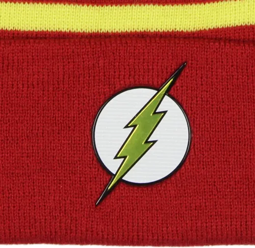 Vista 3 de DC Comics The Flash Chrome Weld Jacquard Logo Cuff Pom Beanie Hat, Rojo