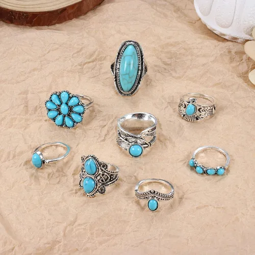 Vista 8 de FUNRUN JEWELRY Western Jewelry - Collares bohemios del oeste para mujer, aretes colgantes de turquesa, anillos para nudillos, pulsera envolvente