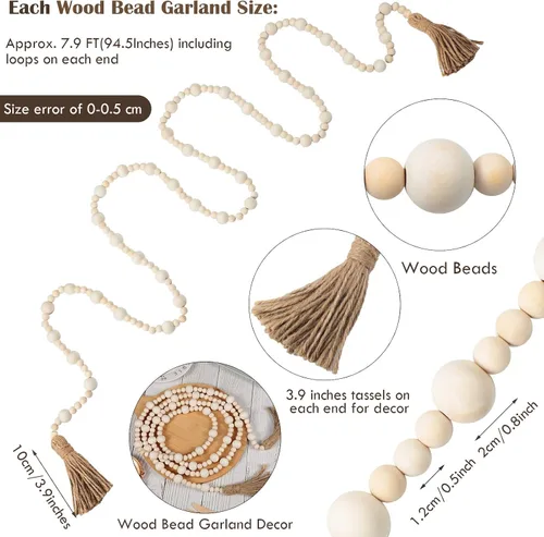 Vista 2 de Jetec - Guirnaldas de cuentas de madera de 7,9 pies con borlas, adornos colgantes navideños de estilo boho, decoración rústica de granja para mesa