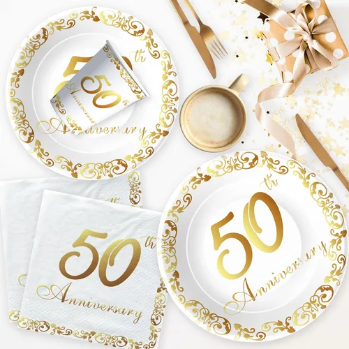 Vista 7 de APOWBLS Decoraciones y suministros para el 50 aniversario – Decoración dorada del 50 aniversario de boda, suministros para fiesta, plato de papel