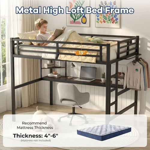 Vista 6 de MAKIAAP Cama alta individual con escritorio, marco de cama alta de metal con puerto de carga USB, luces LED y anclaje antivuelco, litera resistente