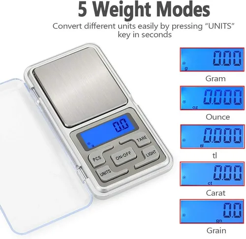 Vista 2 de Báscula digital de bolsillo, capacidad de 17.64 oz, balance de alta precisión de 0.00 oz, mini báscula de peso de recarga de gramos, báscula