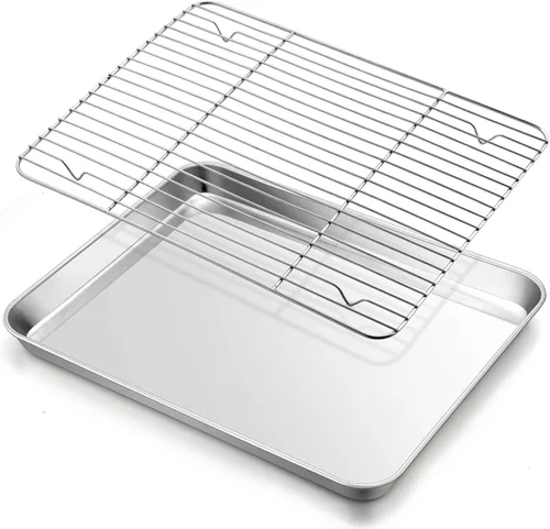 Vista 11 de E-far Bandeja pequeña de metal para horno tostador con juego de estante, bandeja para hornear de 9.4 x 7.3 pulgadas con rejilla de enfriamiento