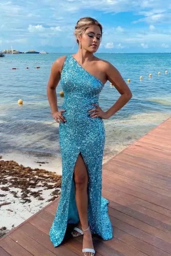 Vista 3 de One Shoulder Sequins Prom Dresses Mermaid Long Formal Evening Dresses Ball Gowns for Women with Slit
