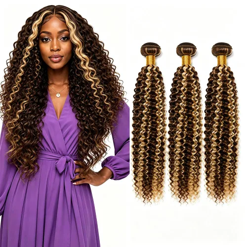 Vista 36 de P4613 Cabello humano rizado onda profunda marrón y paquetes mixtos 8 10 12 P4613 Ombre Marrón-Rubio-DP