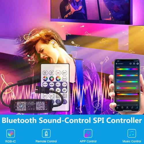 Vista 2 de WS2811 WS2812B controlador LED Bluetooth música con micrófono para SK6812 WS2812 Pixel LED tira de luz APP 28Keys remoto DC5-24V