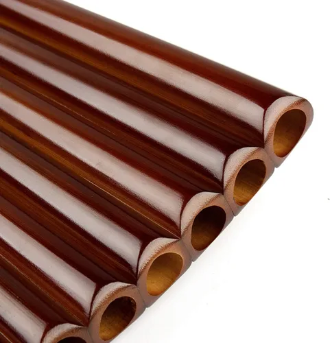 Vista 6 de Flauta de sartén de bambú natural con llave E, instrumento musical tradicional chino, tubos marrones, fáciles de aprender con caja negra