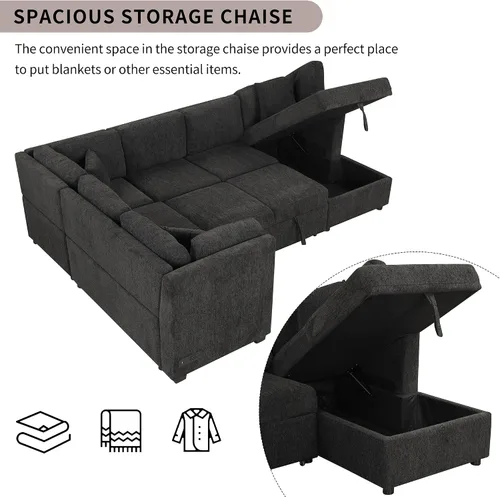 Vista 3 de LUMISOL Sofá seccional grande en forma de U para sala de estar, sofá cama extraíble con 2 puertos USB y 2 enchufes de corriente, sofá cama moderno