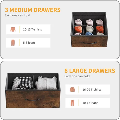 Vista 13 de Cómoda de almacenamiento de tela con 11 cajones para organización del dormitorio, cómoda con estantes profundos, bolsillos laterales y ganchos, Negro