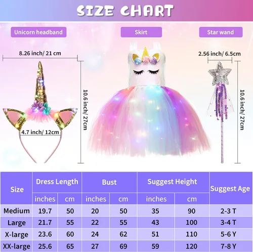 Vista 3 de Girls Unicorn Tutu Costumes Dress Light Up Unicorn LED Headband Princess Birthday Dress Up Clothes Girl Gift
