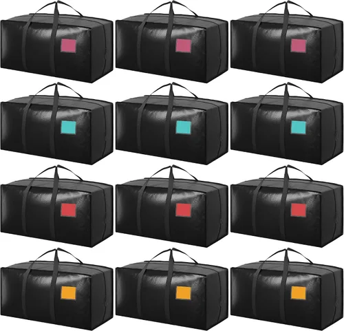 Vista 10 de Paquete de 6 bolsas de mudanza con cremallera lateral completamente abierta, extra grandes de 93 L, resistentes al agua, plegables para Negro
