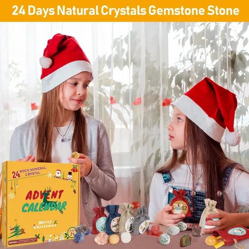 Vista 2 de Calendario de Adviento 2024, 24 días de piedras preciosas de cristal curativo natural, minerales y fósiles, calendario de adviento de cristales