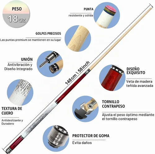 Vista 2 de HomeSeason 58in Pool Cue Stick Canadian Maple Wood 13mm Tip - 18oz Perfect for Precision Play, Low Deflection Pool Cue for Enhanced Accuracy HS17-A