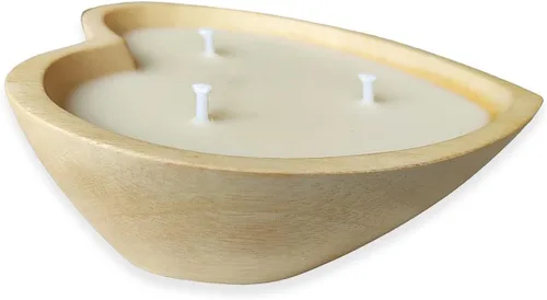Vista 6 de Cuenco de madera con forma de corazón de 6 pulgadas, vela de cera de soja perfumada de lavanda, 3 mechas de 5 onzas, cuencos de masa decorativos