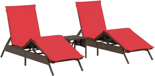 Vista 2 de Brown PE Rattan Sun Lounger Set, Adjustable Backrest, Powder-Coated Steel Frame, Plush Cushions, for Patio Garden Poolside