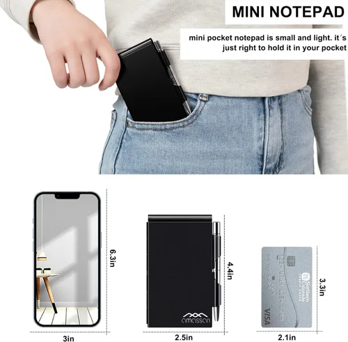 Vista 3 de Cuaderno pequeño de metal, mini bloc de notas, bloc de notas de bolsillo pequeño, estuche de aluminio con mini bolígrafo de metal y hojas de 60