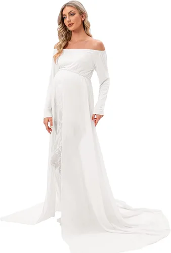 Vista 2 de ZIUMUDY Vestido de maternidad para sesión de fotos de manga larga con hombros descubiertos vestido de encaje ajustado con capa larga de gasa trian