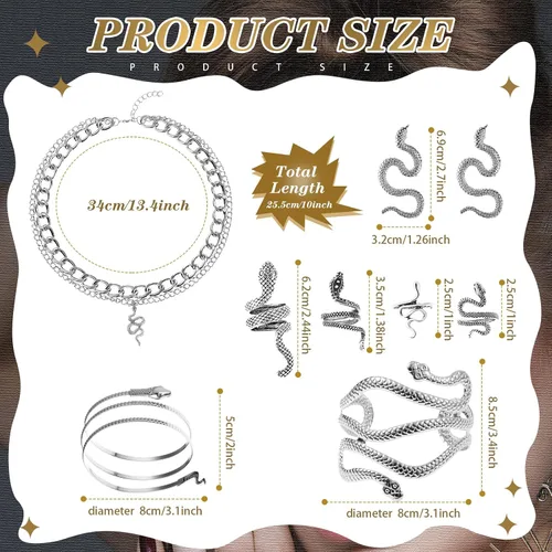 Vista 2 de Huquary 8 piezas de joyería de serpiente de Halloween para mujer, joyería de serpiente estilo egipcio, collar de serpiente, aretes, brazalete