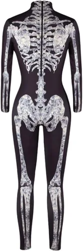 Vista 6 de Disfraz ajustado para mujer de esqueleto con estampado, catsuit para cosplay y Halloween - S/M