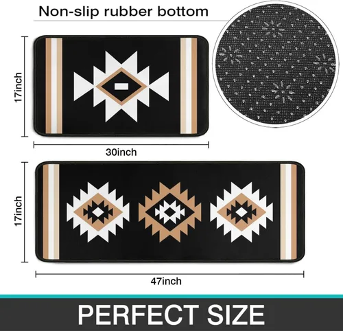 Vista 3 de Juego de 2 tapetes de cocina estilo bohemio para cocina, diseño azteca occidental, color negro, antideslizantes, lavables, para el suelo, 2 piezas