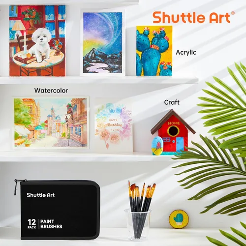Vista 7 de Shuttle Art Juego de 12 pinceles de pintura con estuche, formas y tamaños surtidos para acrílico, acuarela, óleo y gouache, pinceles de artista