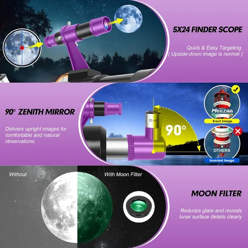 Vista 4 de MEEZAA Telescopio, Telescopio para Adultos de Alta Potencia, Apertura de 90mm 550mm Telescopios Refractores Profesionales Portátiles para Niños